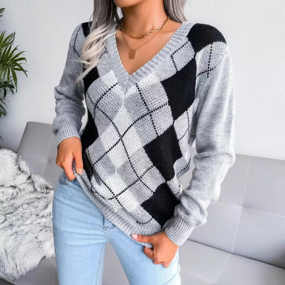 

Autumn Winter Diamond Pattern Casual Sweater V-Ne Pullover Thi Cotton Women's College Sle Cross-Border Knitwear