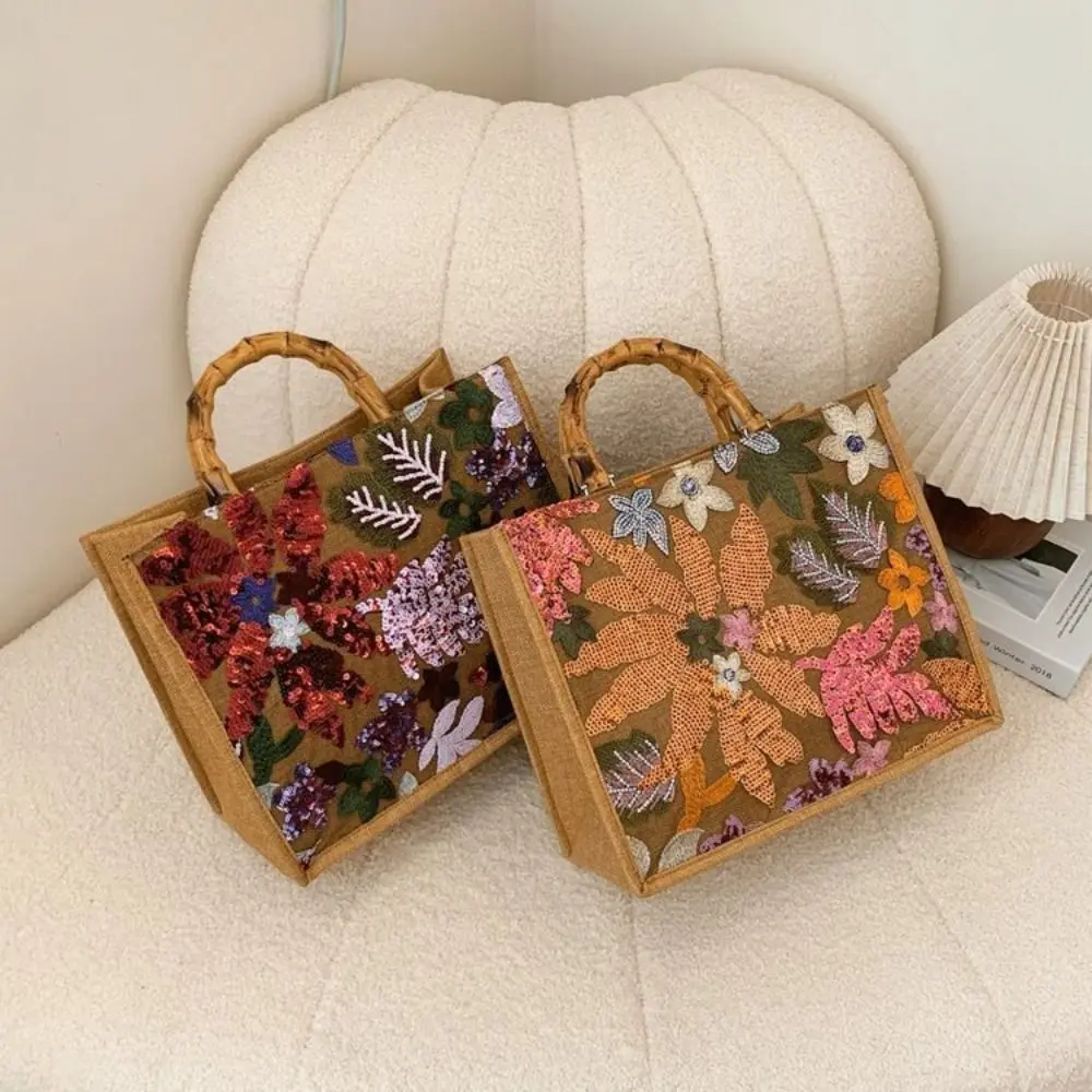 

Красочная сумка-тоут с пайетками и бамбуковым узлом в китайском стиле, большая вместимость, кружевное плетение, ретро-дизайн