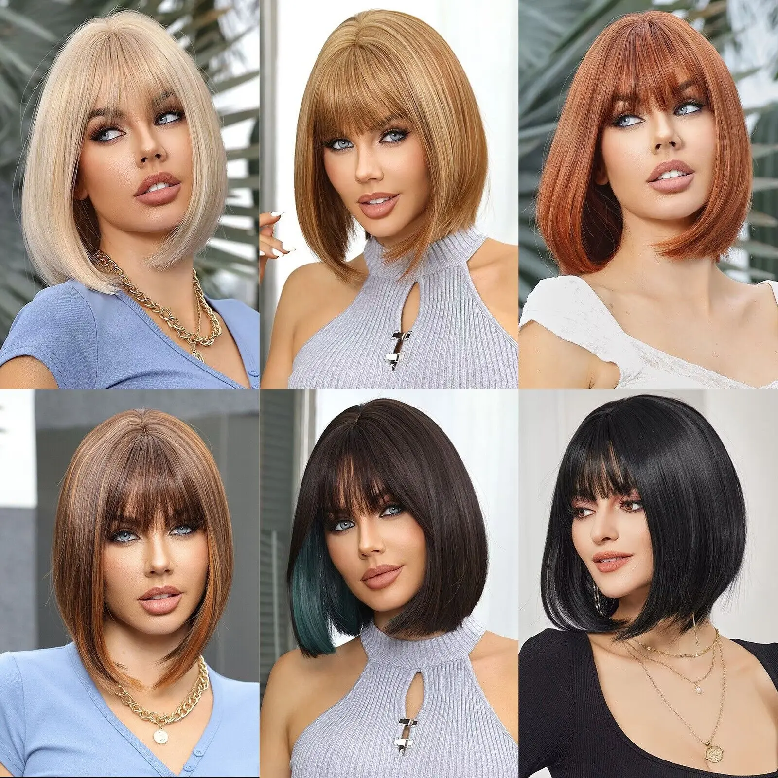 

Women's short hair wig straight hair bob air bangs full headgear wigs 12 inches