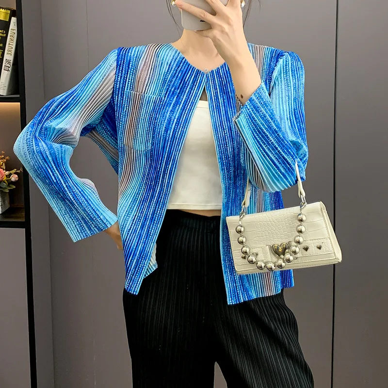 

Miyake Pleated Striped Print Top for Women Summer New Short Versatile Small Jacket Pleated Cardigan [YS 325240 ]