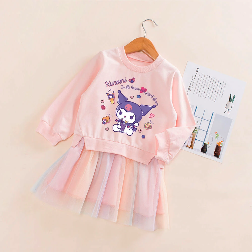 Anime Sanrioed Cinnamoroll Girls' Dresses Kawaii Kuromi My Melody Children Long Sleeved Clothing Party Cartoon Princess Dress