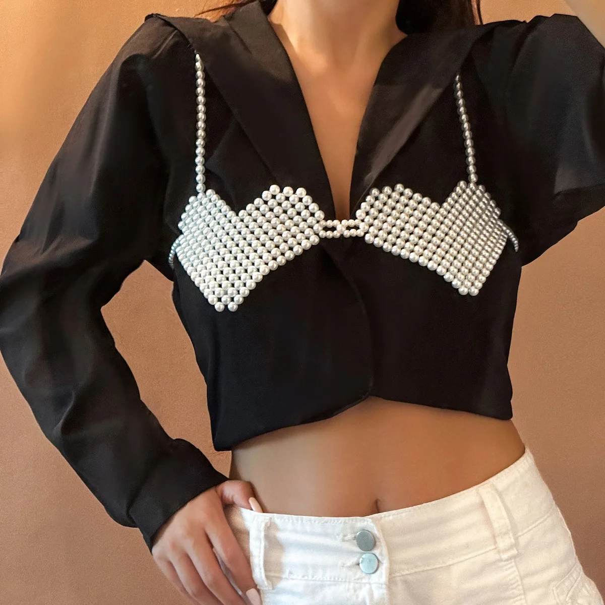 

2024 body chainCreative heart-shaped imitation pearl beaded clothing with all love beads body chain accessories