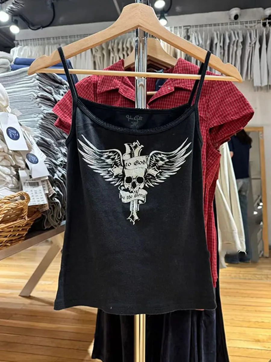 Black Skull Wings Print Tank Top Women Summer Lace Trim Slim Sleeveless Camisole Streetwear Vintage Casual Vest Tops Y2k New