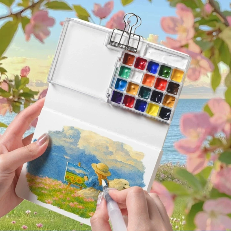 15/8 Compartments Paint Tray, 1 Paint Brush, and a Watercolor Sketchbook, 12 Colors Pigment, 1 Clamp - Perfect for On-the-Go Art