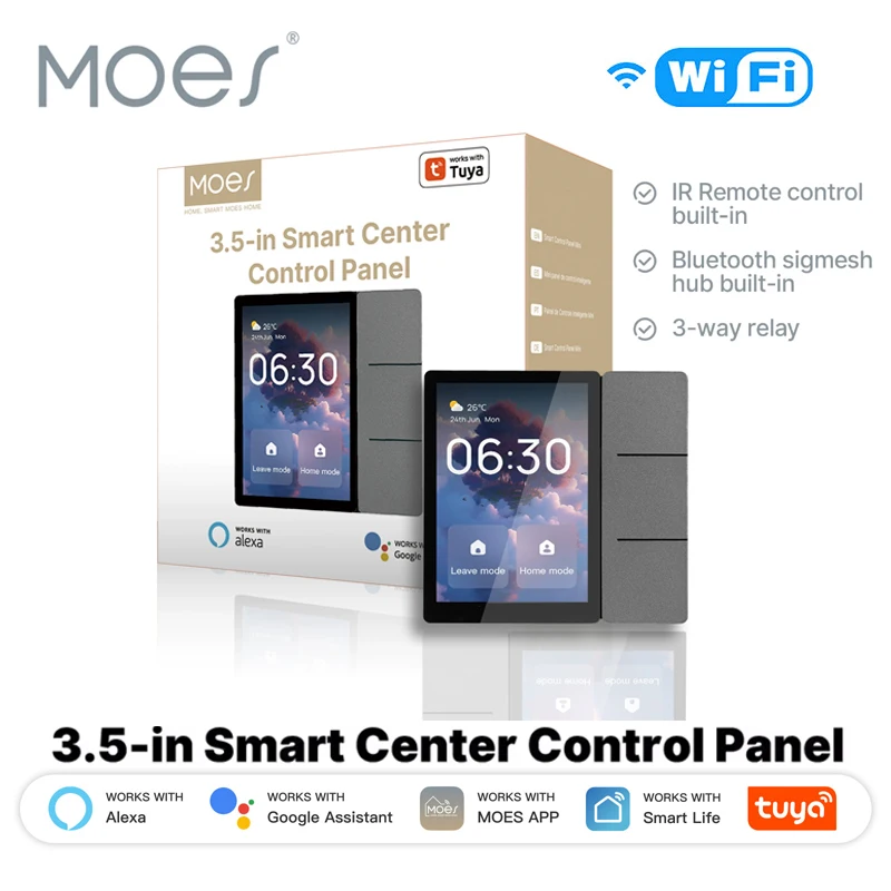 MOES Tuya WiFi 3.5-inch Smart Center Control Touch Panel Central Screen Bluetooth Sigmesh Hub Built-in 3 Relays Physical Buttons