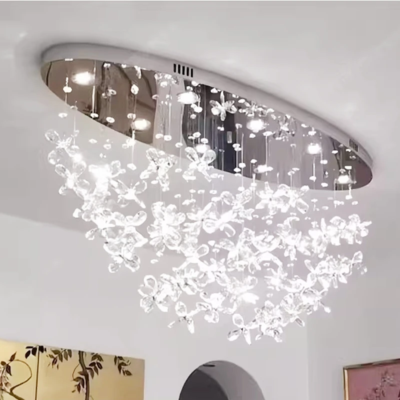 Green Crystal Ceiling Light Main for Hall Duplex Villa Staircase Pendant Chandelier with Chrome Colored Ceiling Plate Fixture