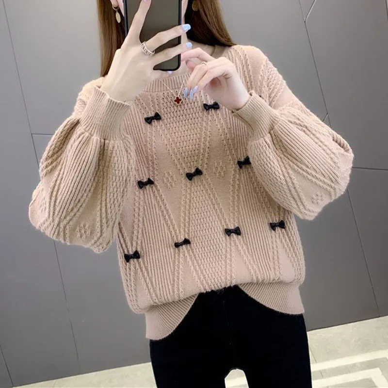 

New Autumn and Winter Fashion Trend High Waist Short Small Round Neck Lantern Sleeve Bow Tie Solid Color Women's Knitted Sweater