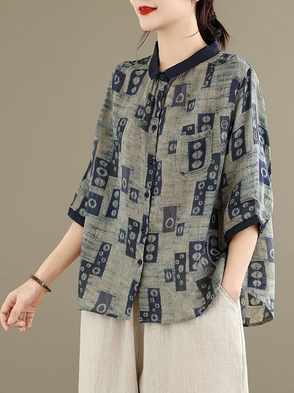 

Retro Print Cotton Linen irt Large Size Women's Small Collar Five Sve Button Casual Open Cardigan Summer New Arrival