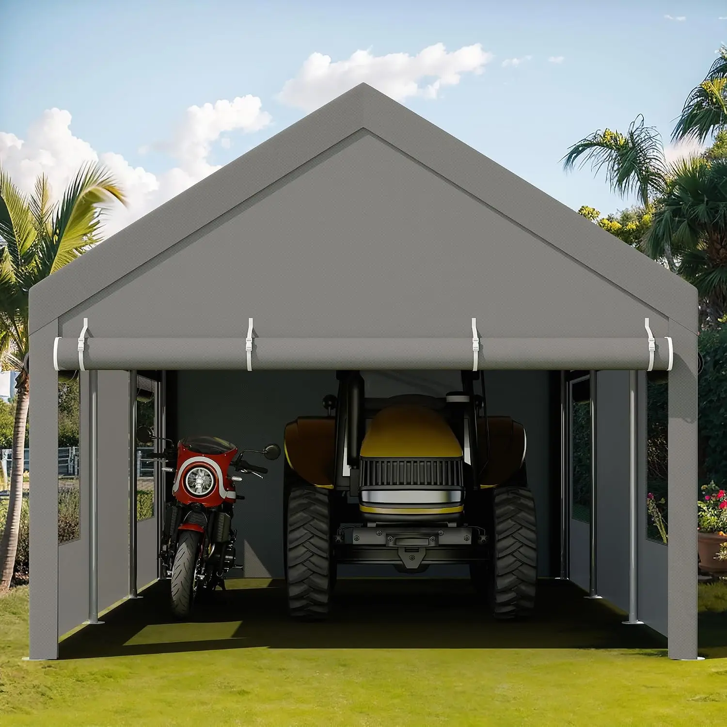 12x20 FT Heavy Duty Carport with Removable Side Walls and Doors, Portable Garage with Roll-Up Window and Sandbags, Car Canopy