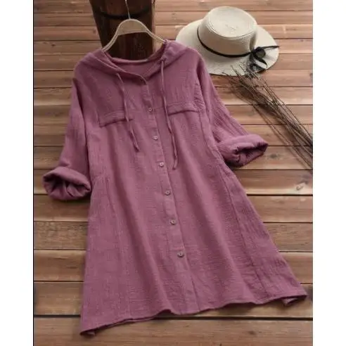 Damska bluzka z bawełny i lnu, długa, z kapturem, w stylu irt street, elastyczna, odporna na deformacje, w jednolitym kolorze, idealna na jesień.