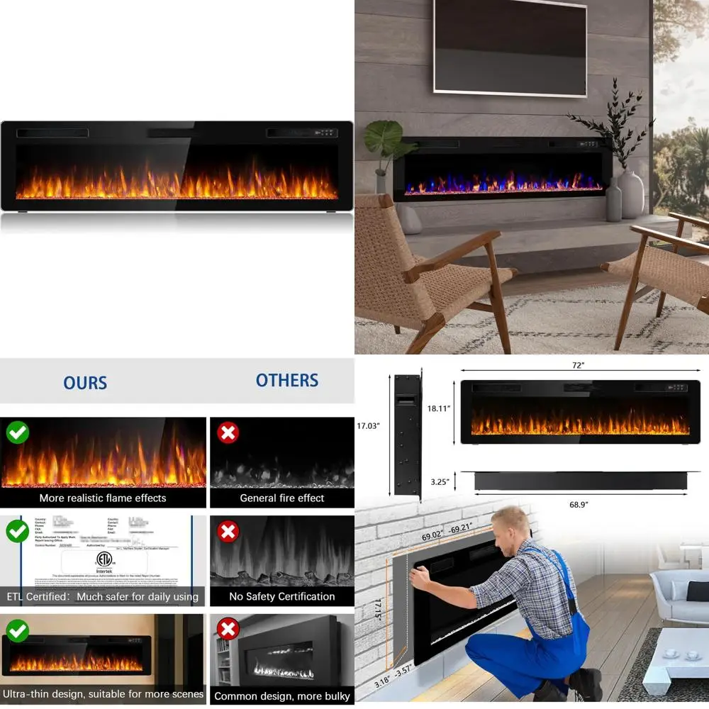 

72 Ultra Slim Modern Electric Fireplace, Wall-Mounted, Compatible with 2x4/2x6 Studs, 12A, Silent Heat