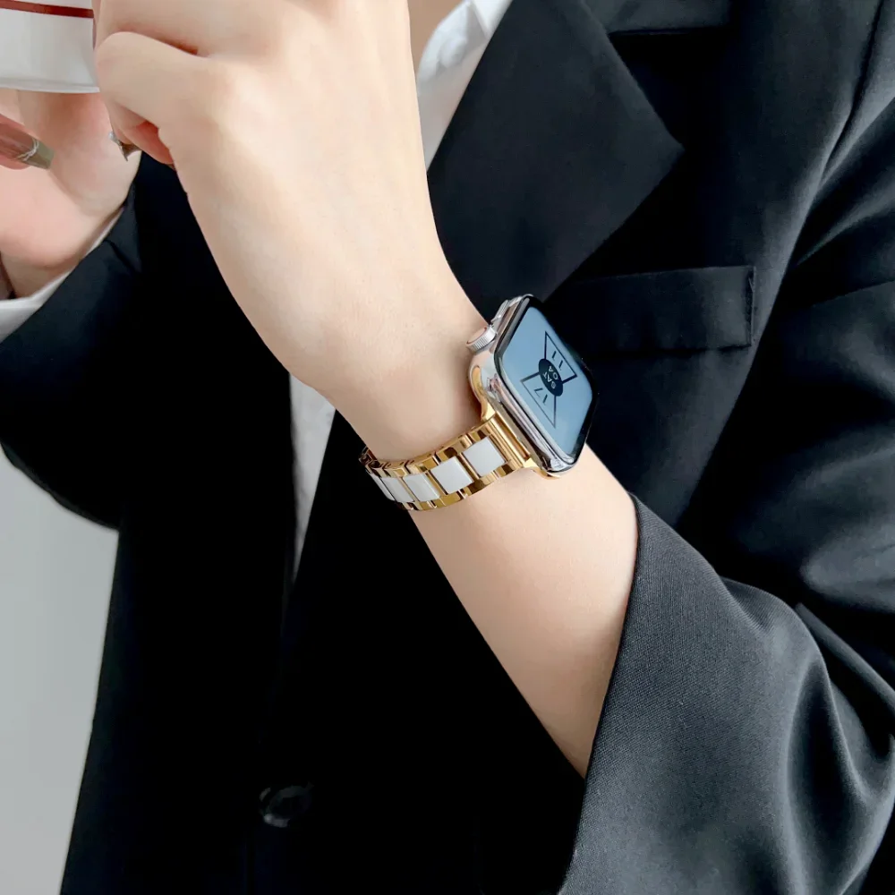 Slim Metal+Ceramic Strap for Apple Watch Band 41mm 44mm 45mm 42mm 46mm 49mm Stainless Steel Bracelet iWatch UItra 10 9 8 7 6 5 4