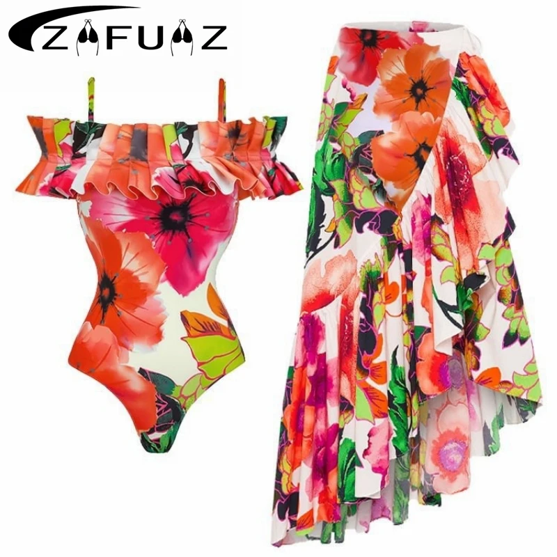 

ZAFUAZ 2024 New One Piece Swimsuit Women Bikini Set Printed Ruffle Swimwear Bandage Swim Suits Brazilian Biquini Bathing Suit