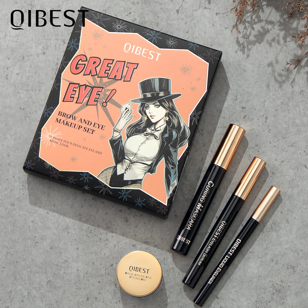 

QIBEST 4PCS Eyes Makeup Sets Liquid Eyeliner Pen 4D Black Mascara Eyelash Serum Lengthening Thick Enhancer Eyes Cosmetics Kits