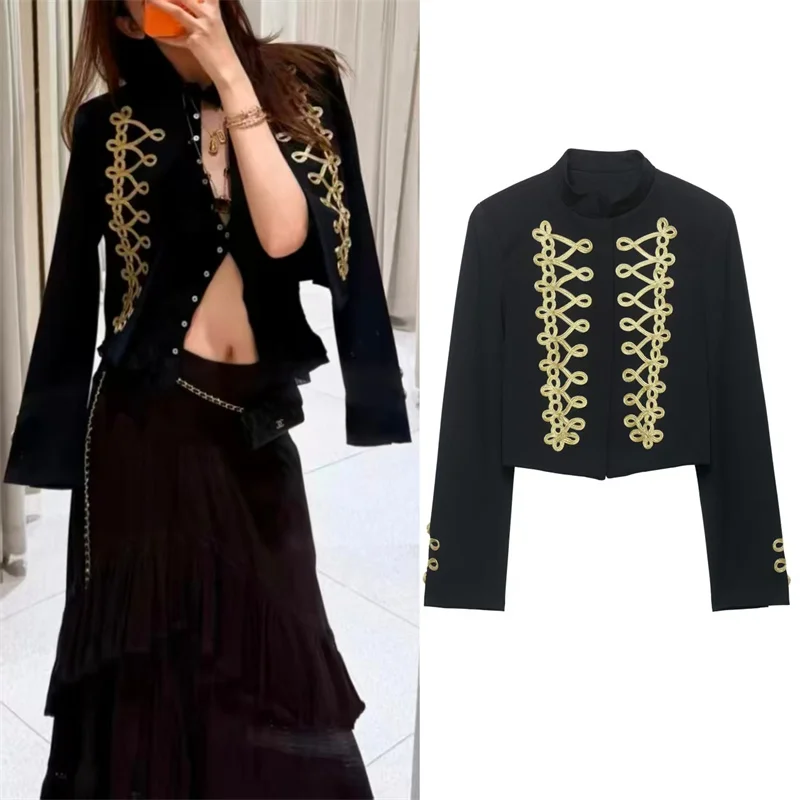 Guobioziy 2026 Fall New Women's Jacket Navy Blue Rope Knot Button Decorative Napoleon Knight Coat Jacket Parka Blazer Stylish
