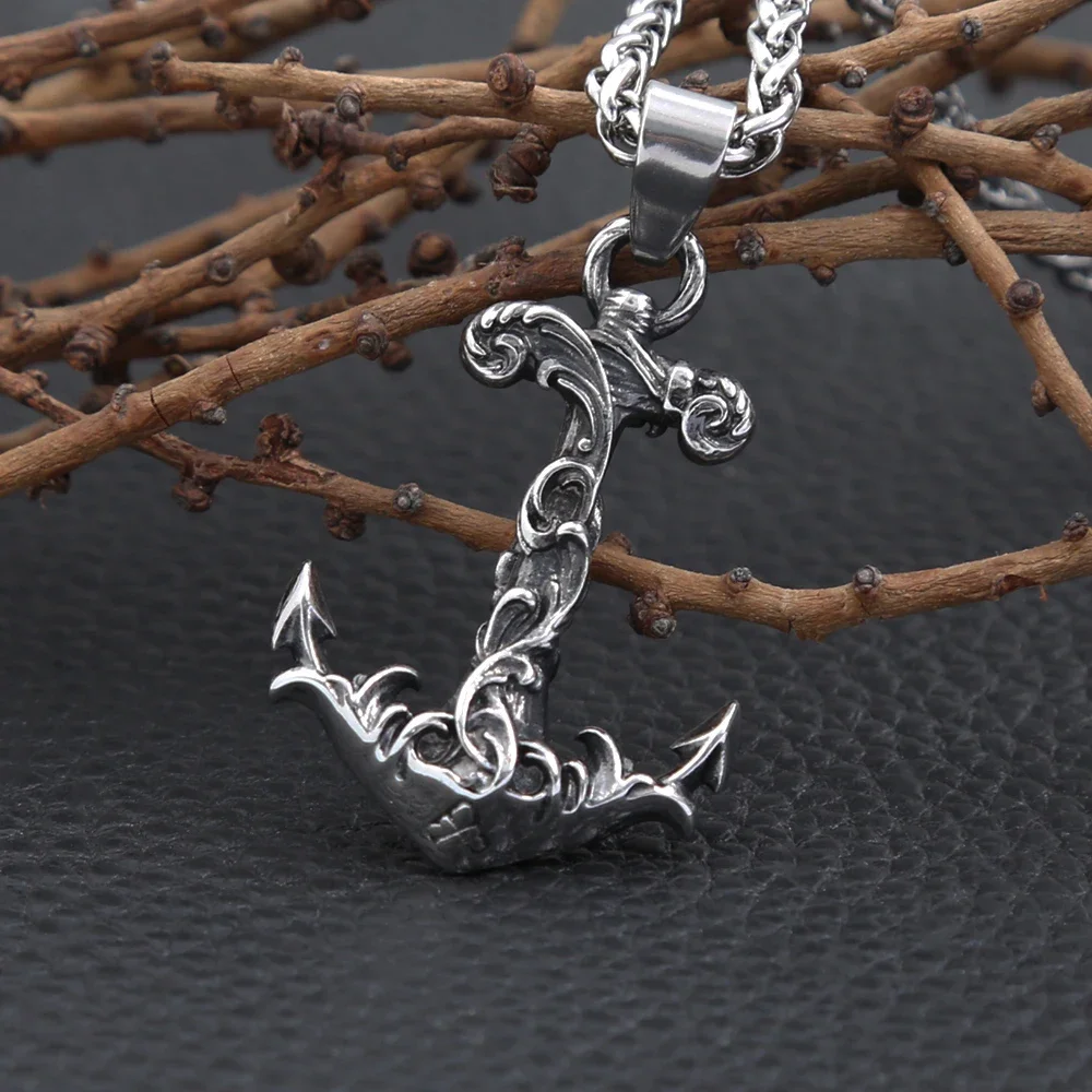 Punk Vintage Stainless Steel Anchor Pendant Necklace For Men Rudder Compass Pattern Pendant Biker Fashion Jewelry Gift Wholesale view 5