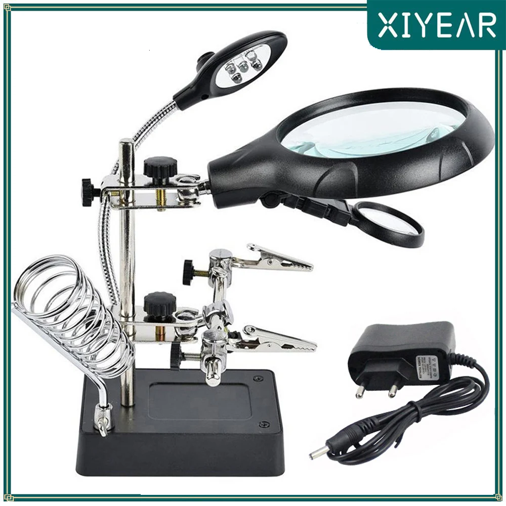 10X Third Hand Welding Magnifying Glass 5 LED Auxiliary Clip Magnifier Desk Lamp 3 In1 Hand Solder Iron Stand Holder Station