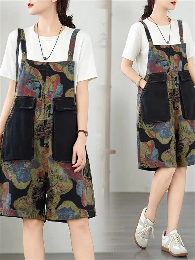 Retro Printed Denim Overalls For Women Summer 2025 Thin Oversized Fashionable And Loose Jumpsuit Shorts g1118