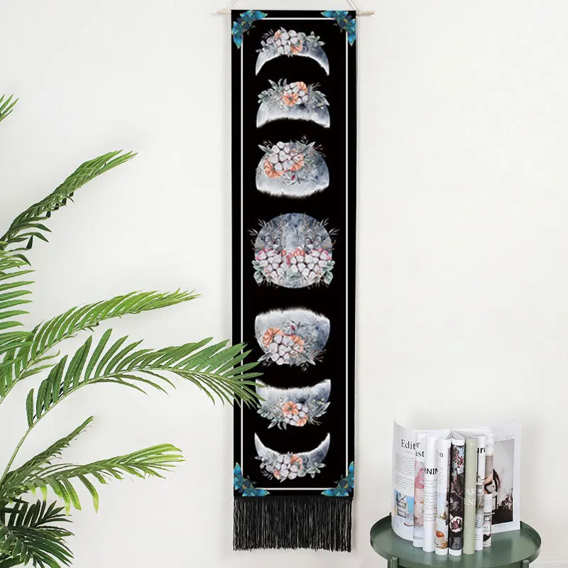 Moon Phase Chakra Long Tassel Wall Hanging Tapestry Floral Lunar Celestial Wall Art Boho Witchy Decor for Bedroom Yoga Dorm Room