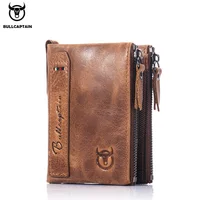 Cartera de cuero retro BULLCAPTAIN para hombre, hebilla de cuero con cremallera, billetera corta para dinero, tarjetero, monedero, billetera RFID QB06