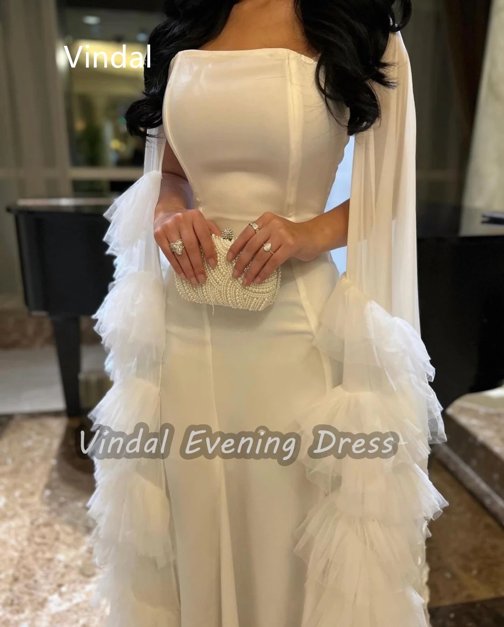 Vindal Chiffon Floor length Ruffle Square Neckline luxurious A-Line Breast Padding Elegant Long Sleeves السعود For Woman 2024