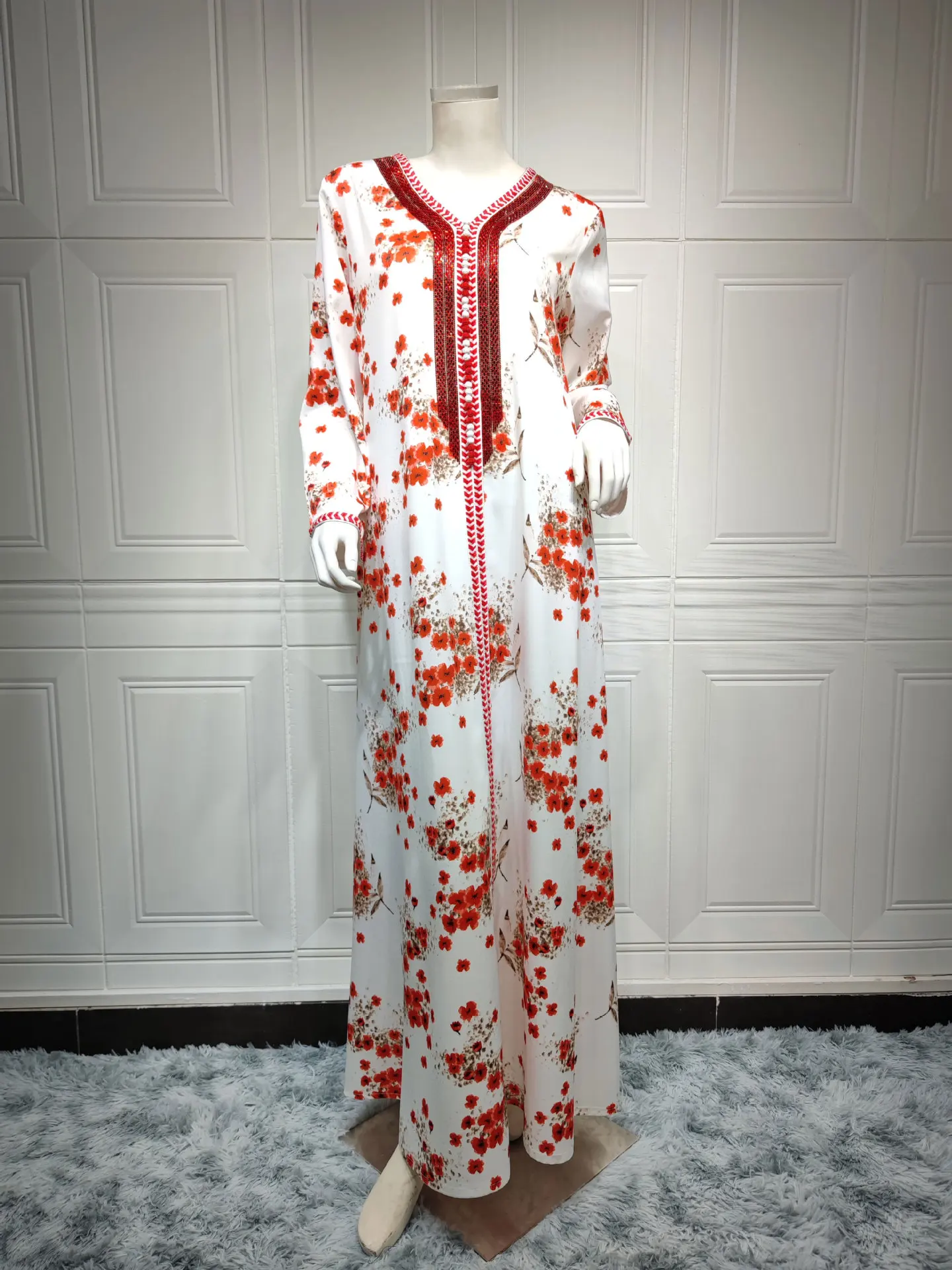 Abaya Dubai Turkey Muslim Hijab Dress Luxury Diamonds Floral Print V-Neck Lace Tape Elegant Casual Party Ramadan Modest Dresses