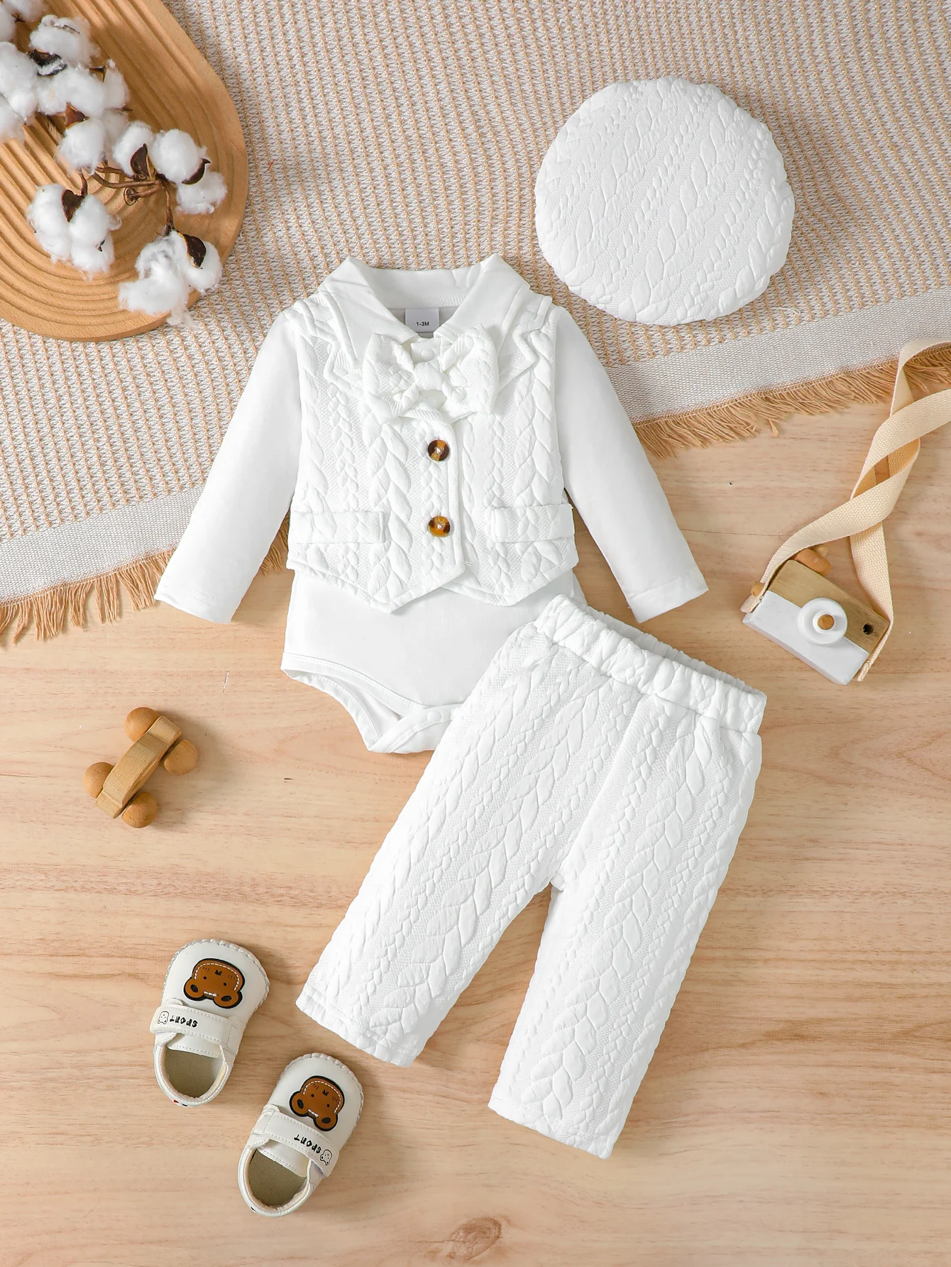 Baby Boy Christening Outfit Set Long Sleeve Collared Vest Top + Pants + Hat 3PCS Set with Bow Tie Decoration Casual Comfortable