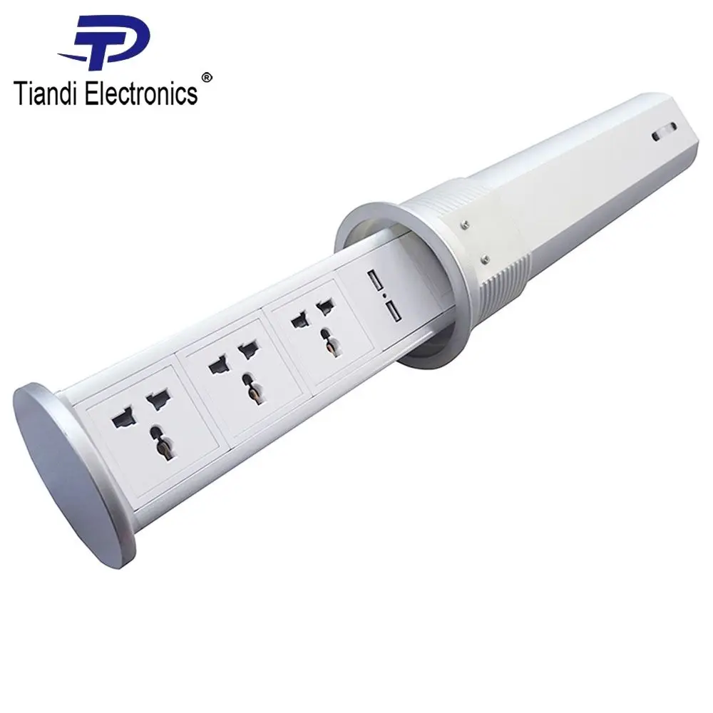 Gas Spring Rises And Falls Slowly Silver Pneumatic Pop Up Tabletop Socket Multiple Plug With Mobile Phone USB Charging Outlet