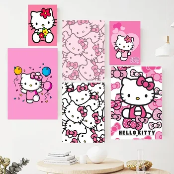 Cute-K-Kitty-White-H-Hello-karikatür Poster resimleri duvar resmi oturma odası iç boyama odası dekorasyon için