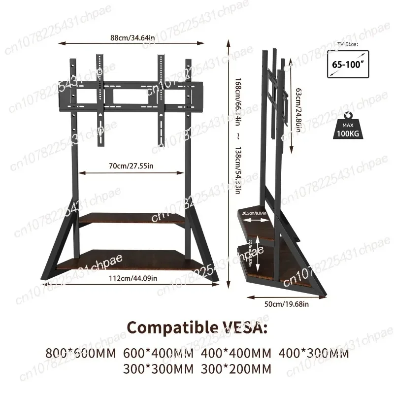 TV Floor Stand with 2 Tier Wood Shelves Height Adjustable TV Mount Stand for 65-100 Inch LCD LED TV