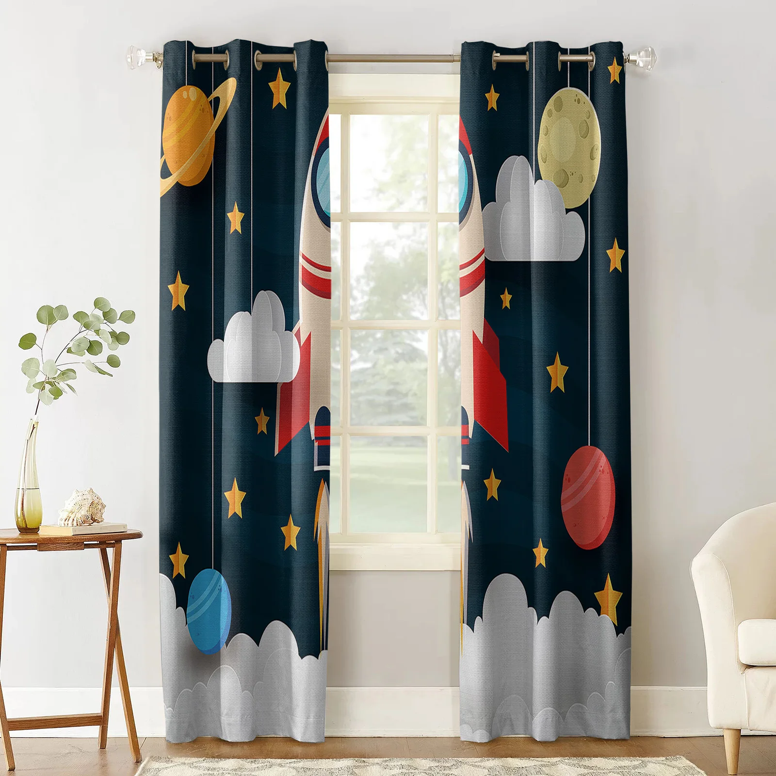 Outer Space Cartoon Cute Spaceship Rocket Curtains for Children\'s Bedroom Living Room Kids Window Treatments Kitchen Drapes