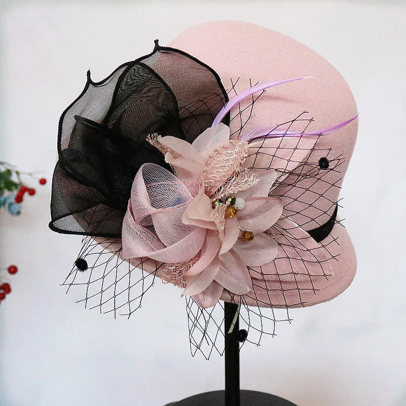 Autumn Winter Wool Women Elegant Church Hat Ball Ribbon Solid Color Ladies Jazz Cap New Female Bow Bowler Wedding Ceremony Cap