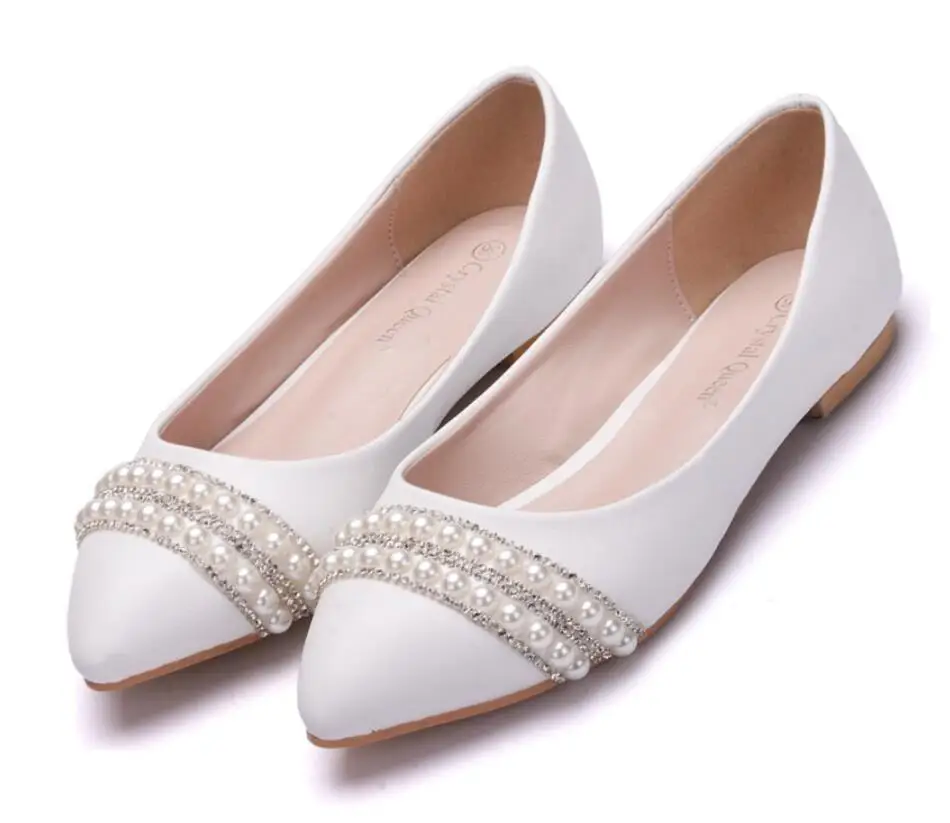 Classsic Women Bridal Shoes handmade Lady pearl white wedding shoes flats sexy comfortable White Pearl Dress Pointed Shoes