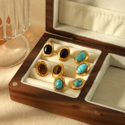 New Arrivals Vintage Irregular Geometric Texture Tiger-eye Stone Earrings 18k Gold Plated Stainless Steel Turquoise Stud Earring