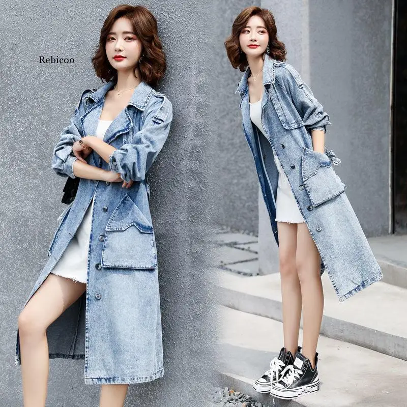 2021 Spring Autumn New Women Denim Trench Coat Female Was Thinner Mid-Length Over-The-Knee Windbreaker Casual Womens Jackets