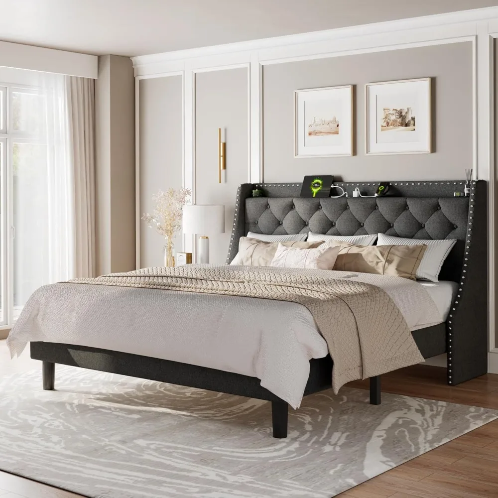 King Size Bed Frame with Luxury Wingback and Fast Charging Station,King Upholstered Button Tufted Storage