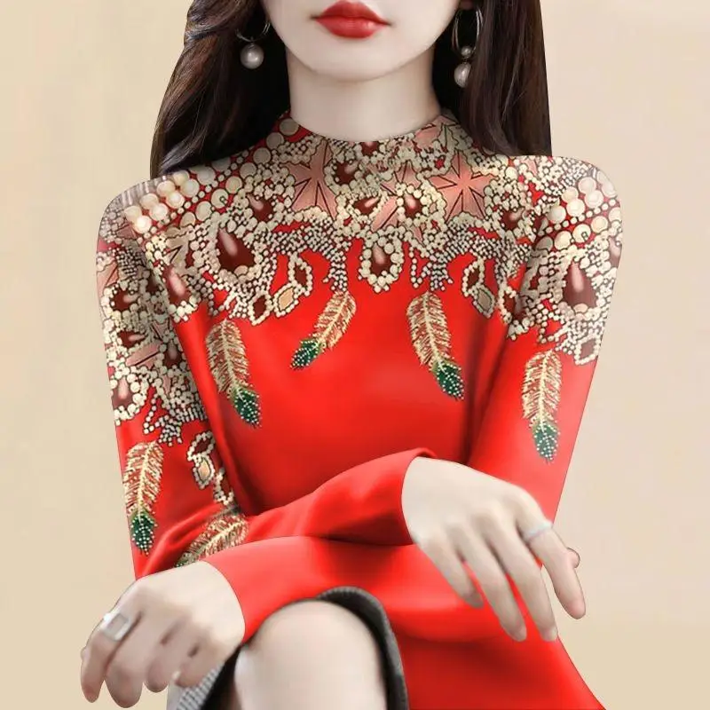 Fleece Lined Long Sleeve T-Shirt Women's Casual Style Half High Collar Base Layer Top Comfortable Breathable Floral Print Tee