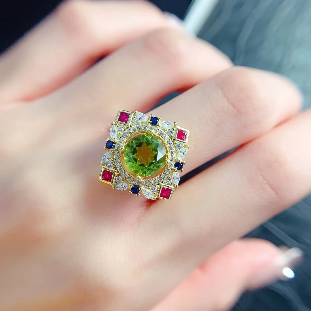 Luxury Silver Ring for Party 8mm 2ct Natural Peridot Ring 925 Silver Peridot Jewelry with Gold Plated Keep Shining