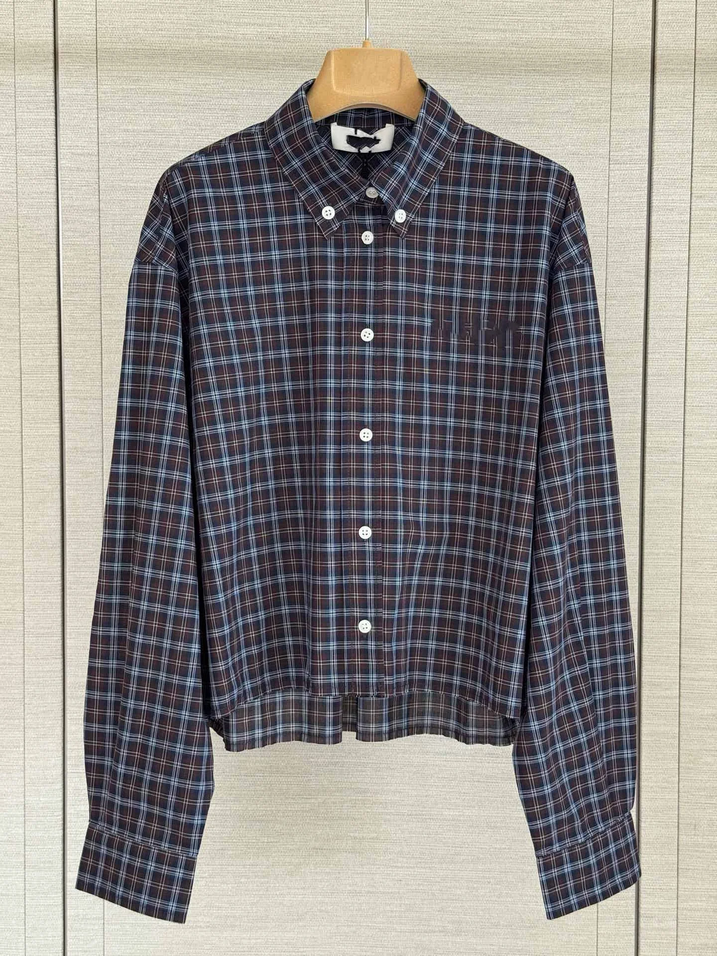 2026 Custom Dark Plaid Cropped Shirt Women Collar Long Sleeve Elastic Hem Loose Check Blouse Custom Logo Fall Top