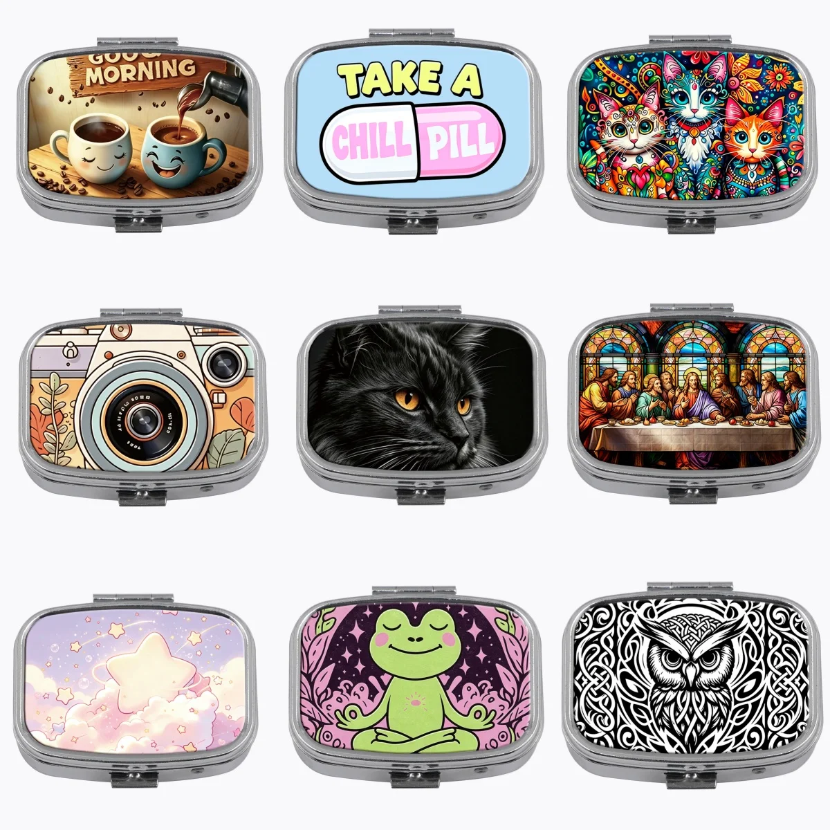 Colorful Floral Cat Metal Pill Case 2 Compartments Portable Travel Mini Pill Box Cute Frog Art Pocket Medicine Box Gift