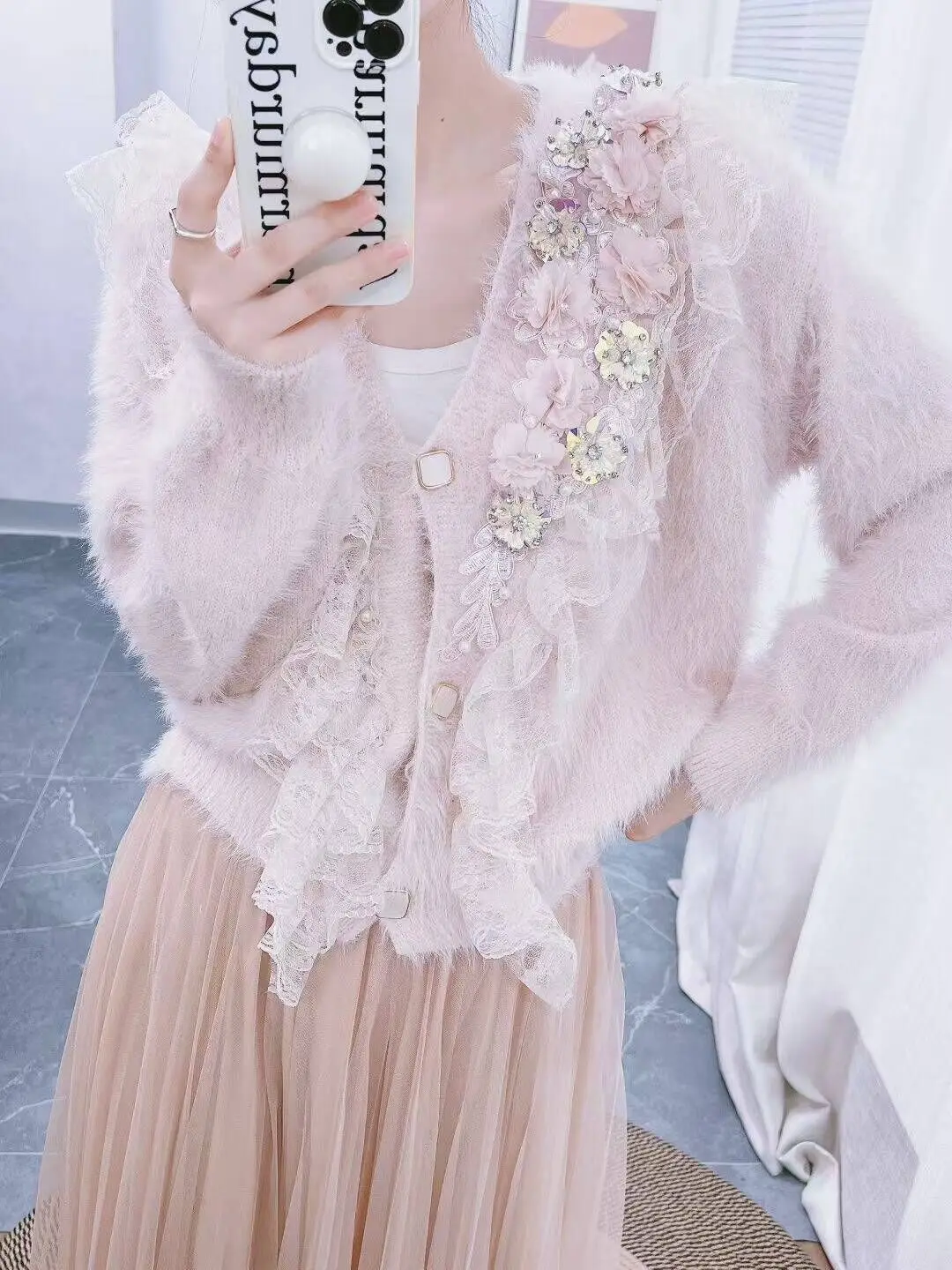 

Вязаные топы с тяжелыми бисером и оборками, осень-зима 2022, новый свободный кардиган с v-образным вырезом Y2k, норковые кашемировые свитера, пальто F372