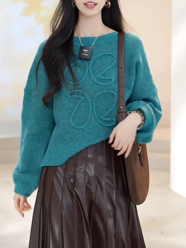 

Синий свитер с длинными рукавами в корейском стиле, модный, универсальный, стройнящий, больших размеров, осенняя новинка, для повседневной носки