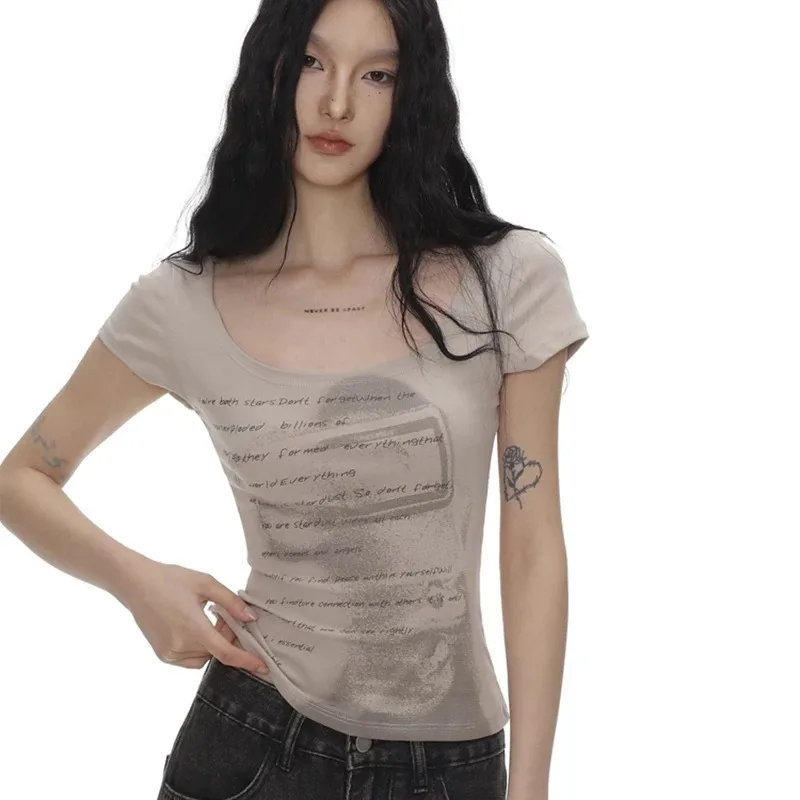 Summer Women Retro Sweet Spicy Skinny Tops Lady Bean Green Casual T-Shirts Girls Letter Portrait Print Short Sleeve Clothes