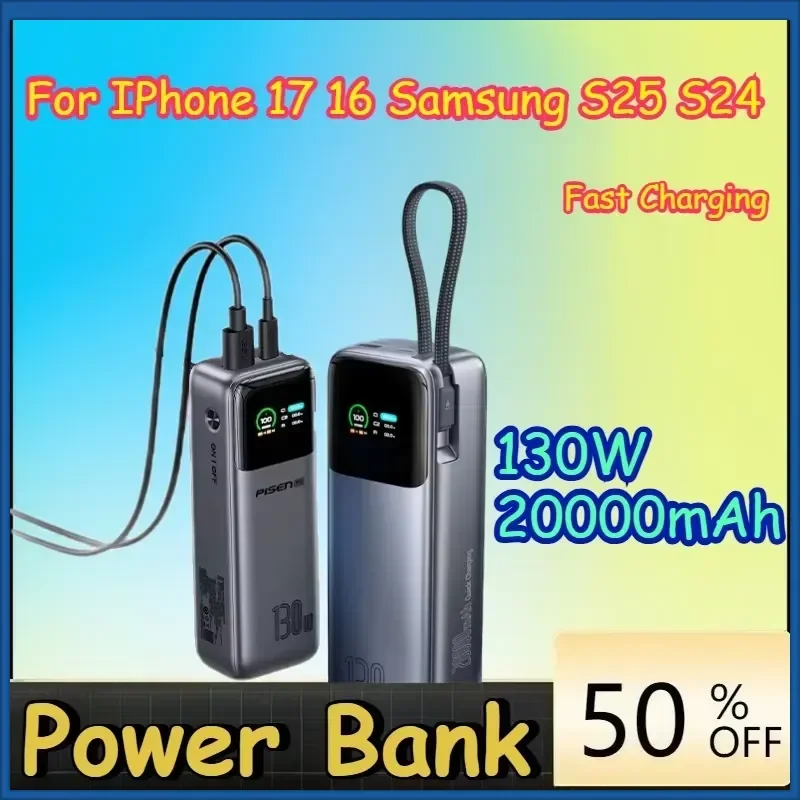 130W 20000mAh Power Bank Fast Charging for IPhone 17 16 Samsung S25 S24 Portable Powerbank for Laptops Macbook Pro PowerBank