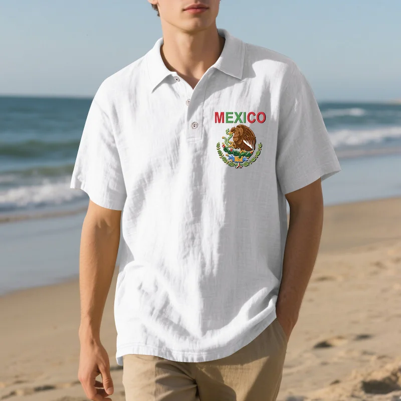 Men White Wrinkle Linen Texture Polo Shirt Chest Mexico Eagle National Emblem Color Letter Graphic Print Short Sleeve 3 Buttons Lapel Collar Lightweight Breathable Beach Vacation Casual Top