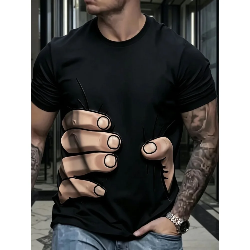 3D Optical Illusion Grab Hand Print Men T-Shirt Short Sleeve Funny Graphic Casual Streetwear Summer Top