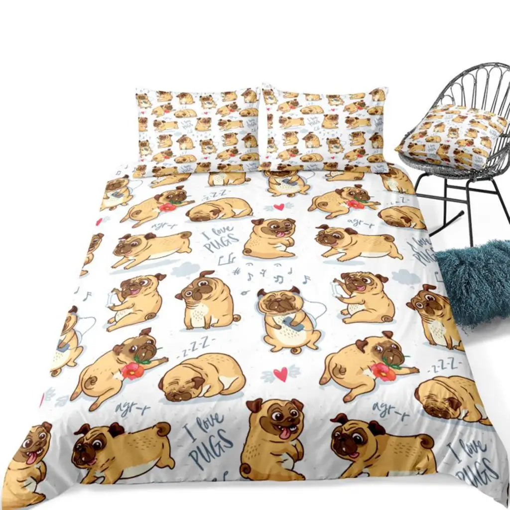 3 Pieces Cartoon Pugs Bedding Kids Boys Girls Cute Dogs Duvet Cover Set White Quilt Cover Pet Queen Home Textiles Dogs Dropship