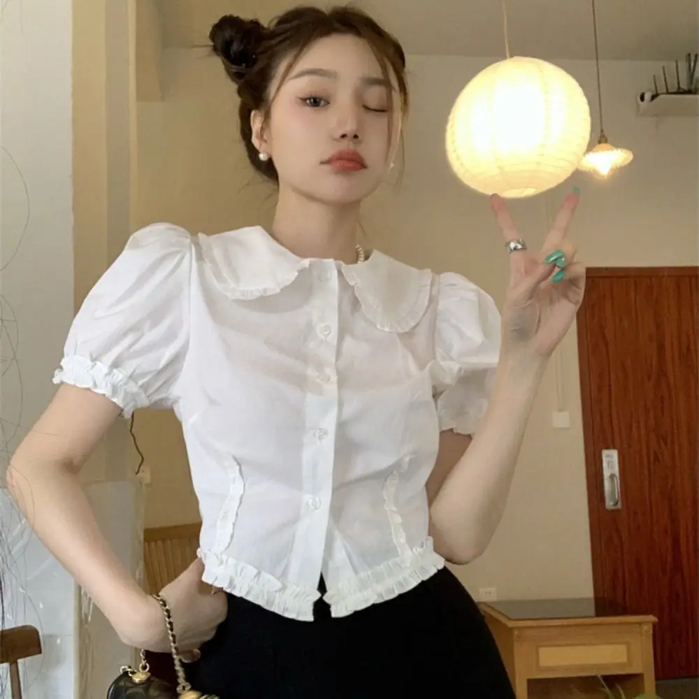 French Style Ruffle Blouse Cute Spring Summer Shourt Sleeves Work Blouses Lapel White Shirt For Women Girl