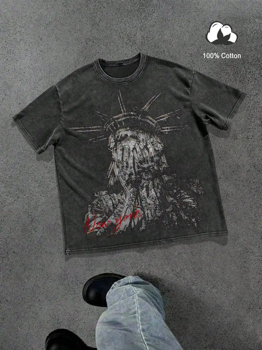 EMRG Men's New York Slogan & Statue Of Liberty Graphic Print T-Shirt, American Street Style, 100