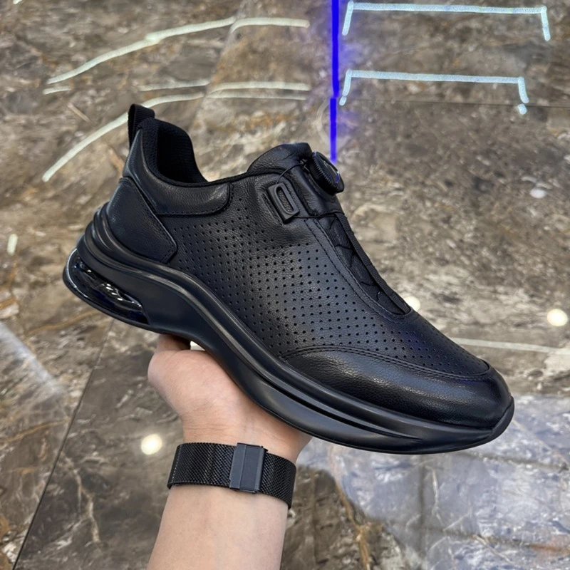 Genuine Leather Men Sneakers Rotating Buckle Hollow Out Breathable Thick Bottom Men Business Casual Sports Walking Shoes
